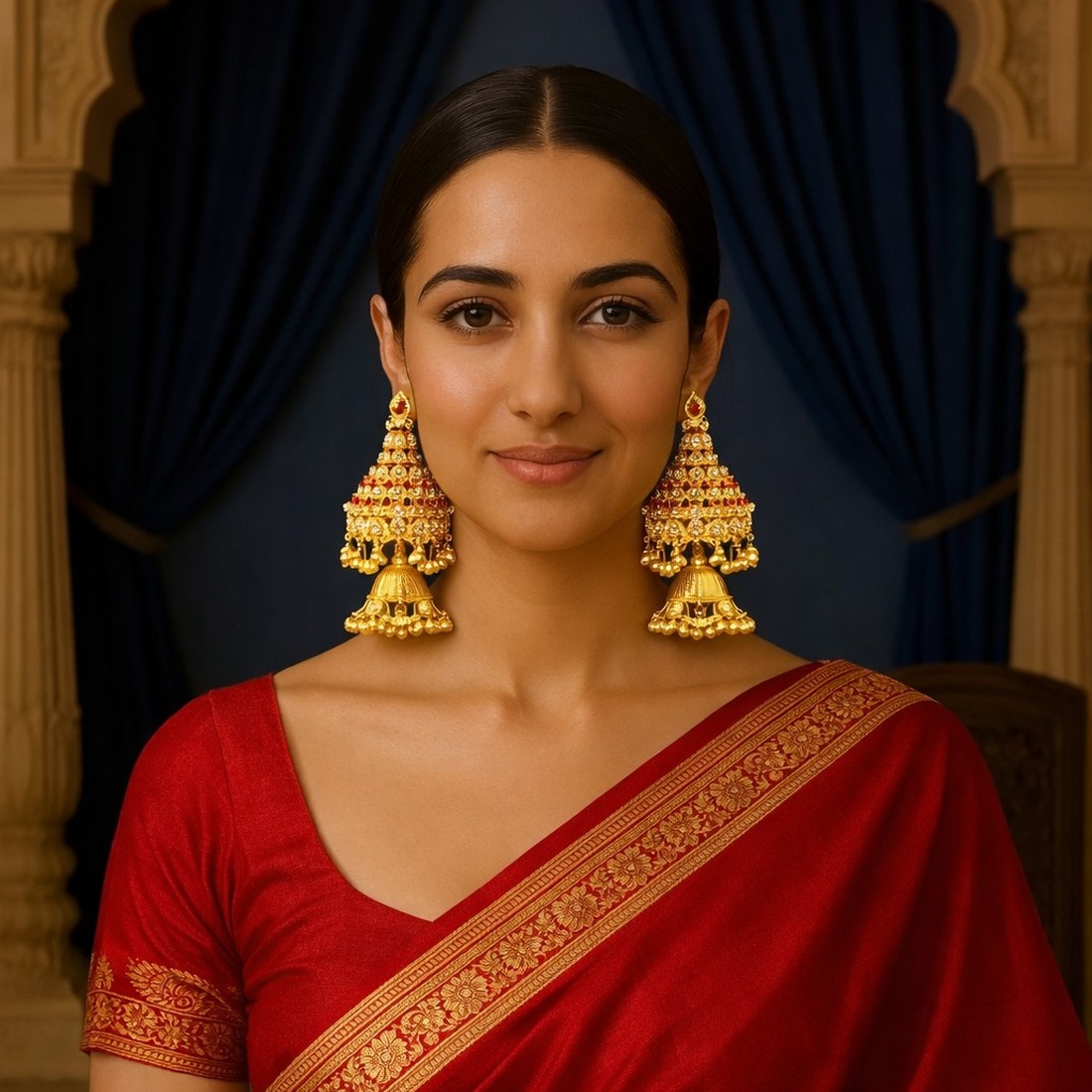 Customer wearing Venaya ruby pearl jhumka earrings