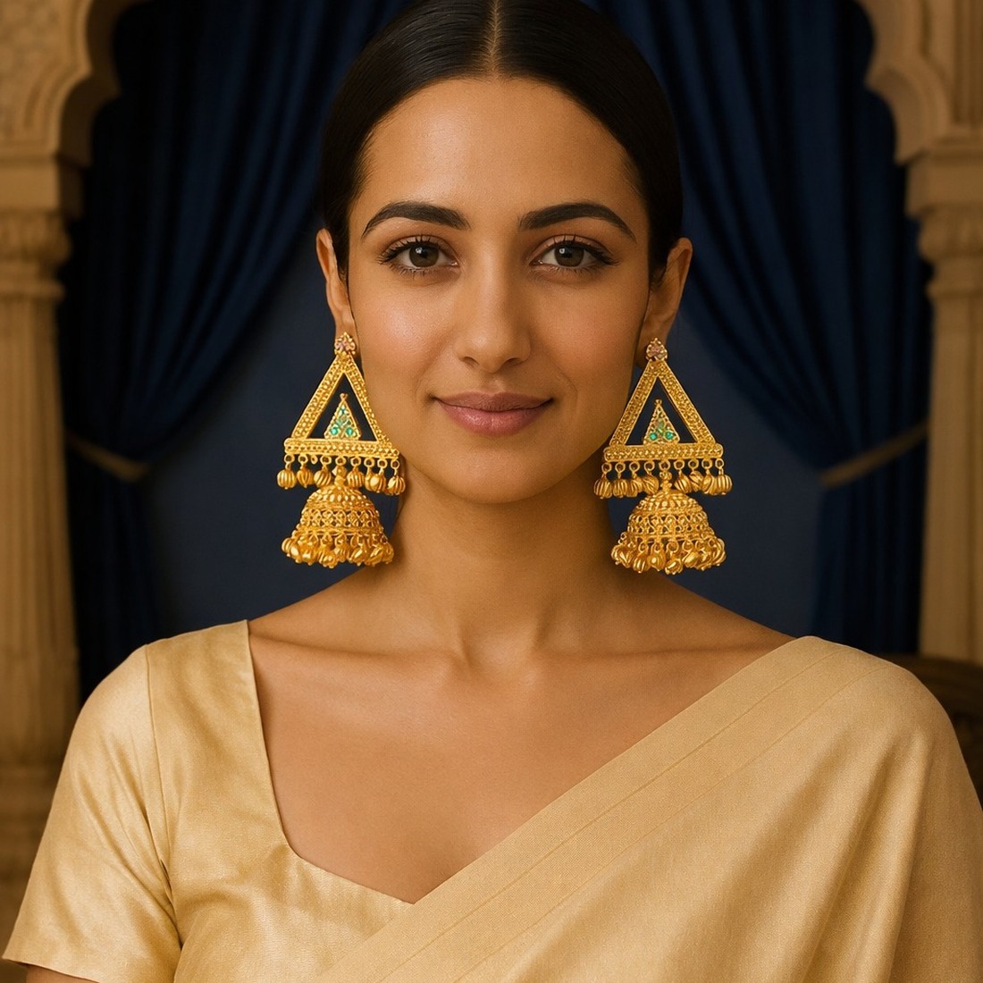 Customer wearing Venaya triangle jhumka earrings