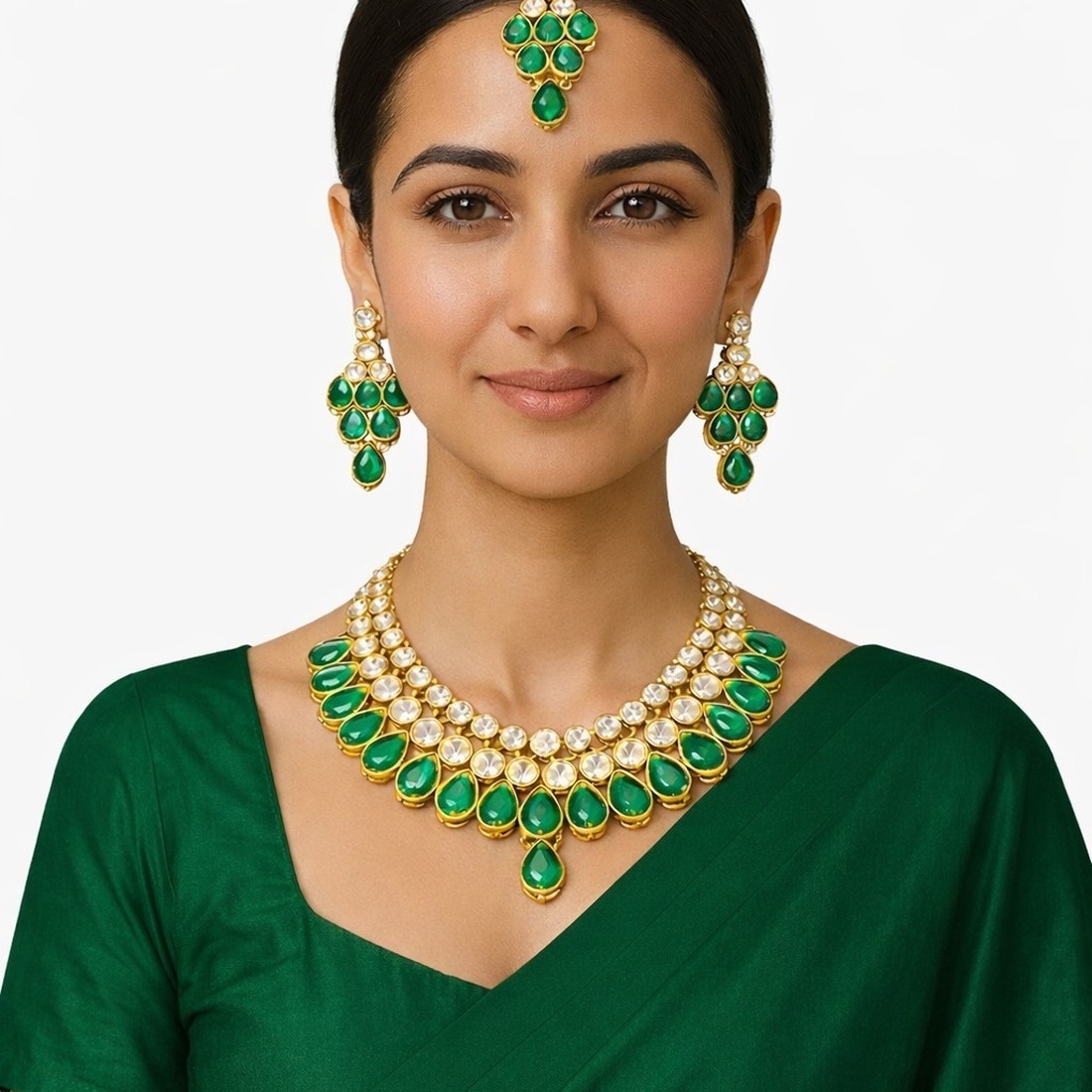 Bride wearing a Venaya dark green kundan necklace set