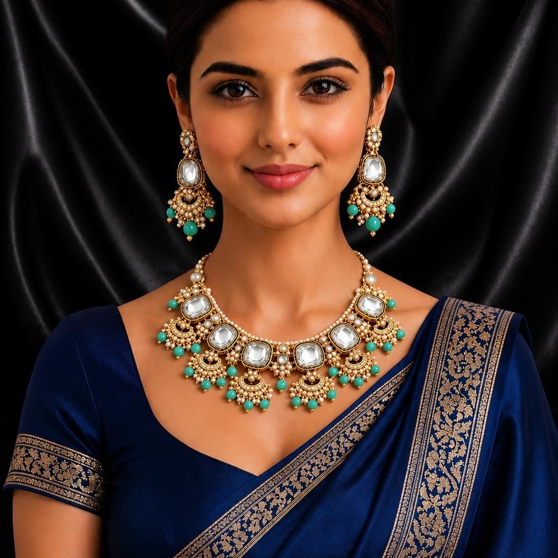 Customer wearing the Venaya Mahira Elegance necklace set during a private consultation