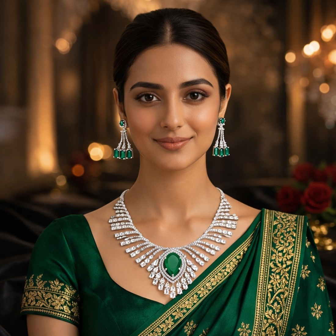 Customer wearing the Venaya Peacock necklace set
