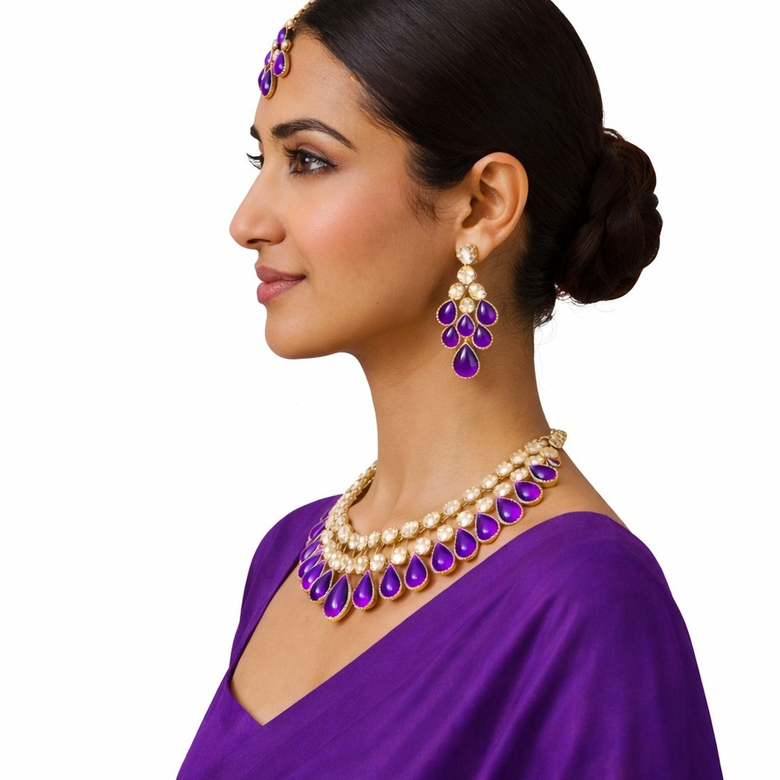 Customer wearing a Venaya royal purple kundan necklace set