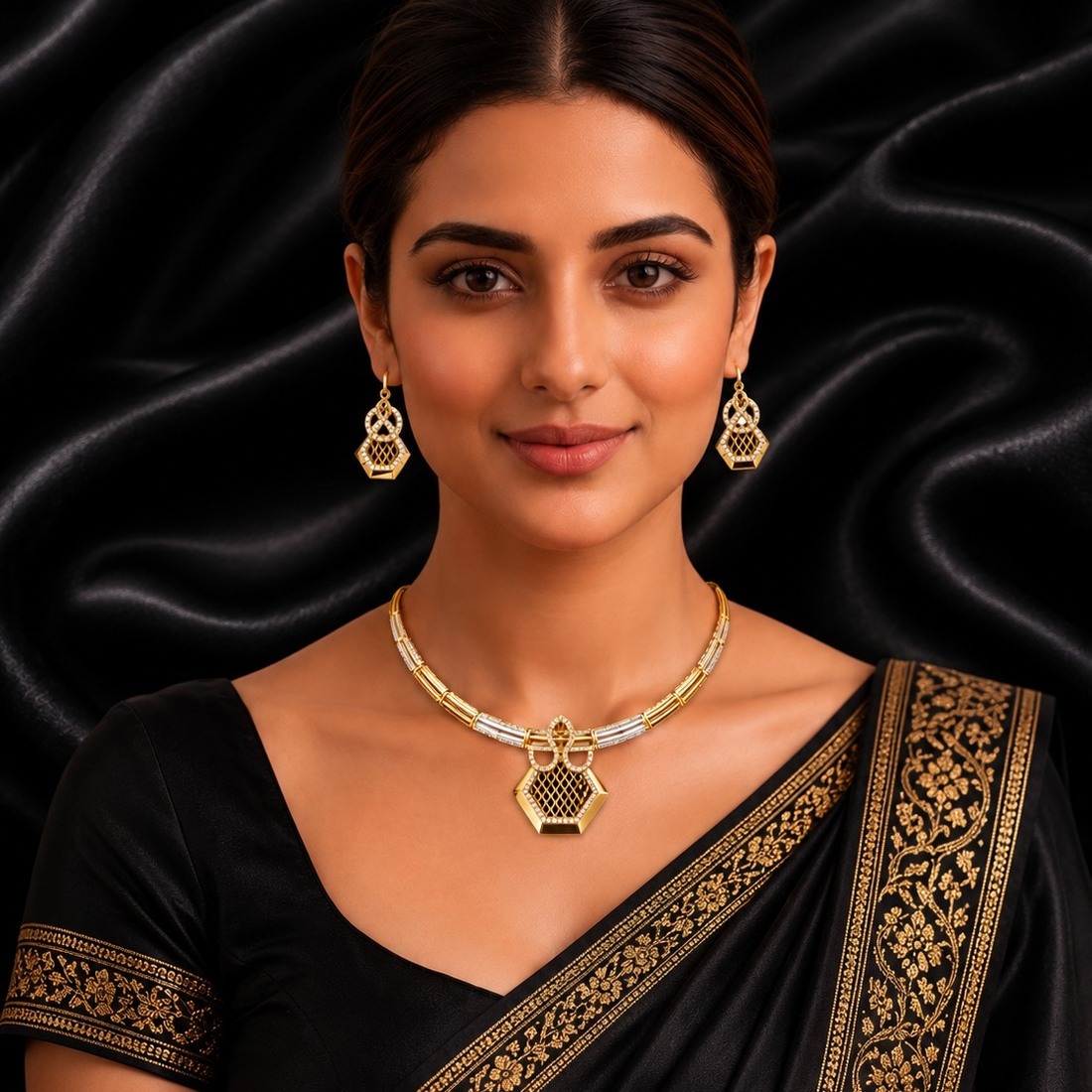 Customer wearing the Venaya Golden Royale necklace set