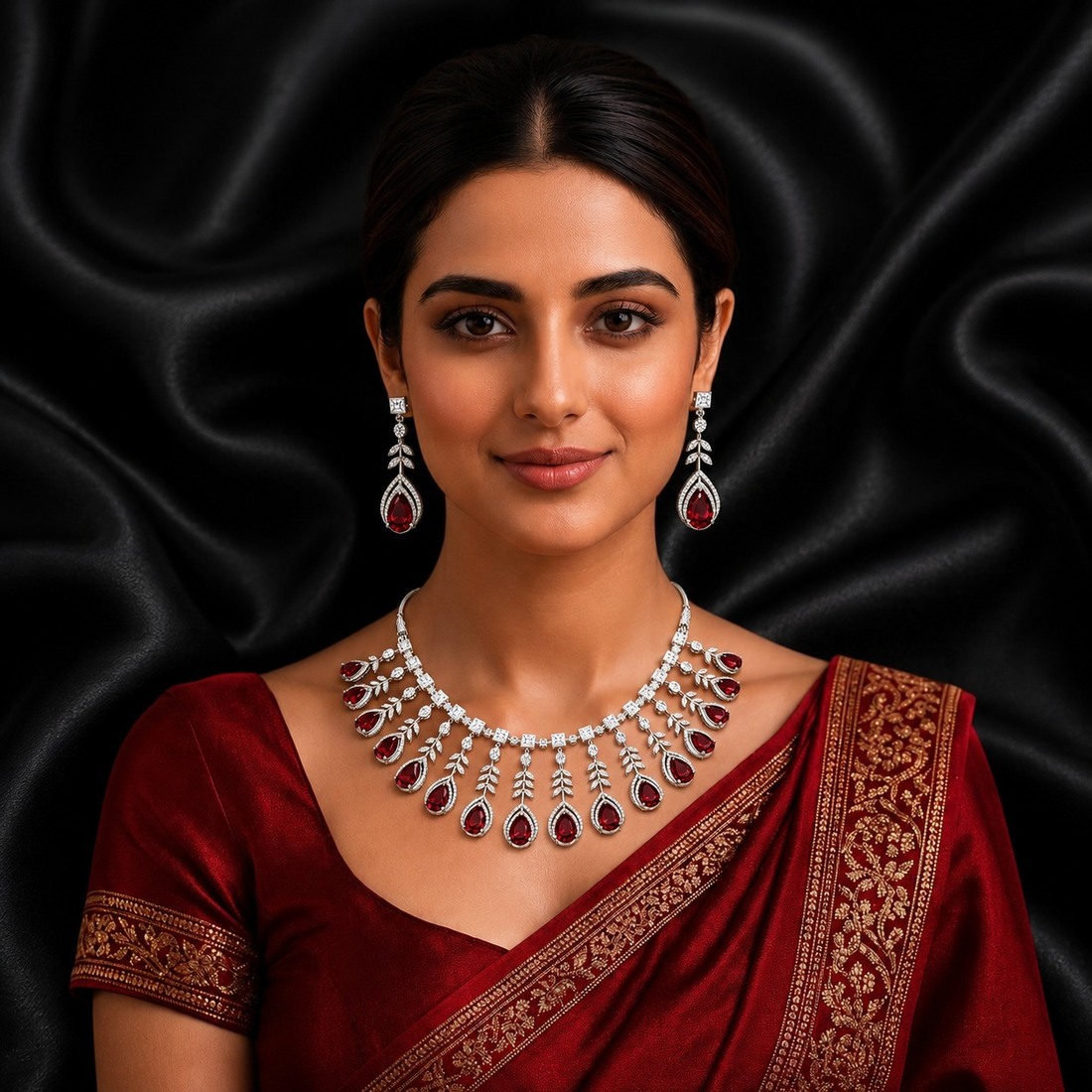 Customer wearing the Venaya Zarina Crimson necklace set