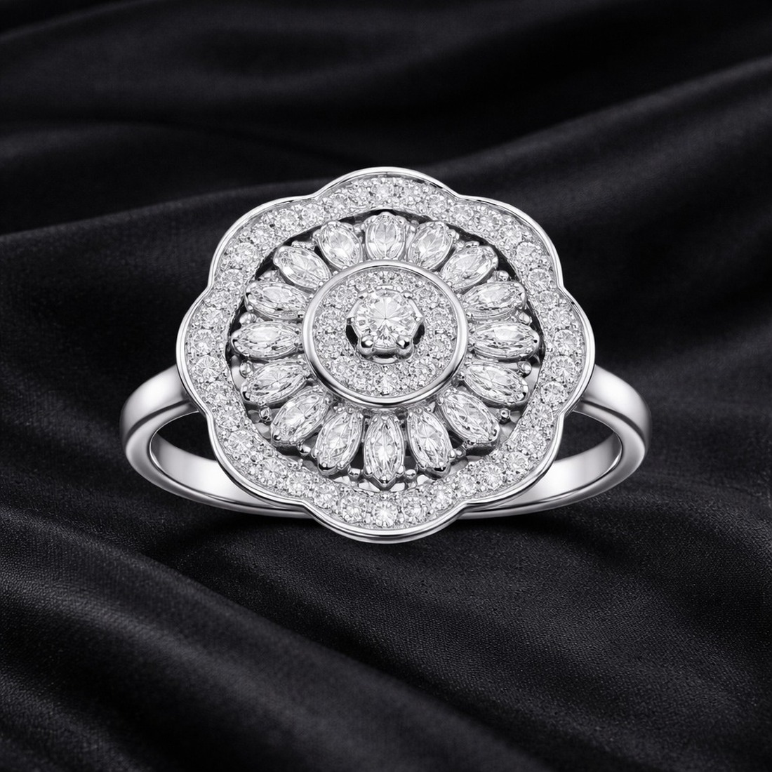 Close up of a Venaya Eternal Petal Sparkle designer ring